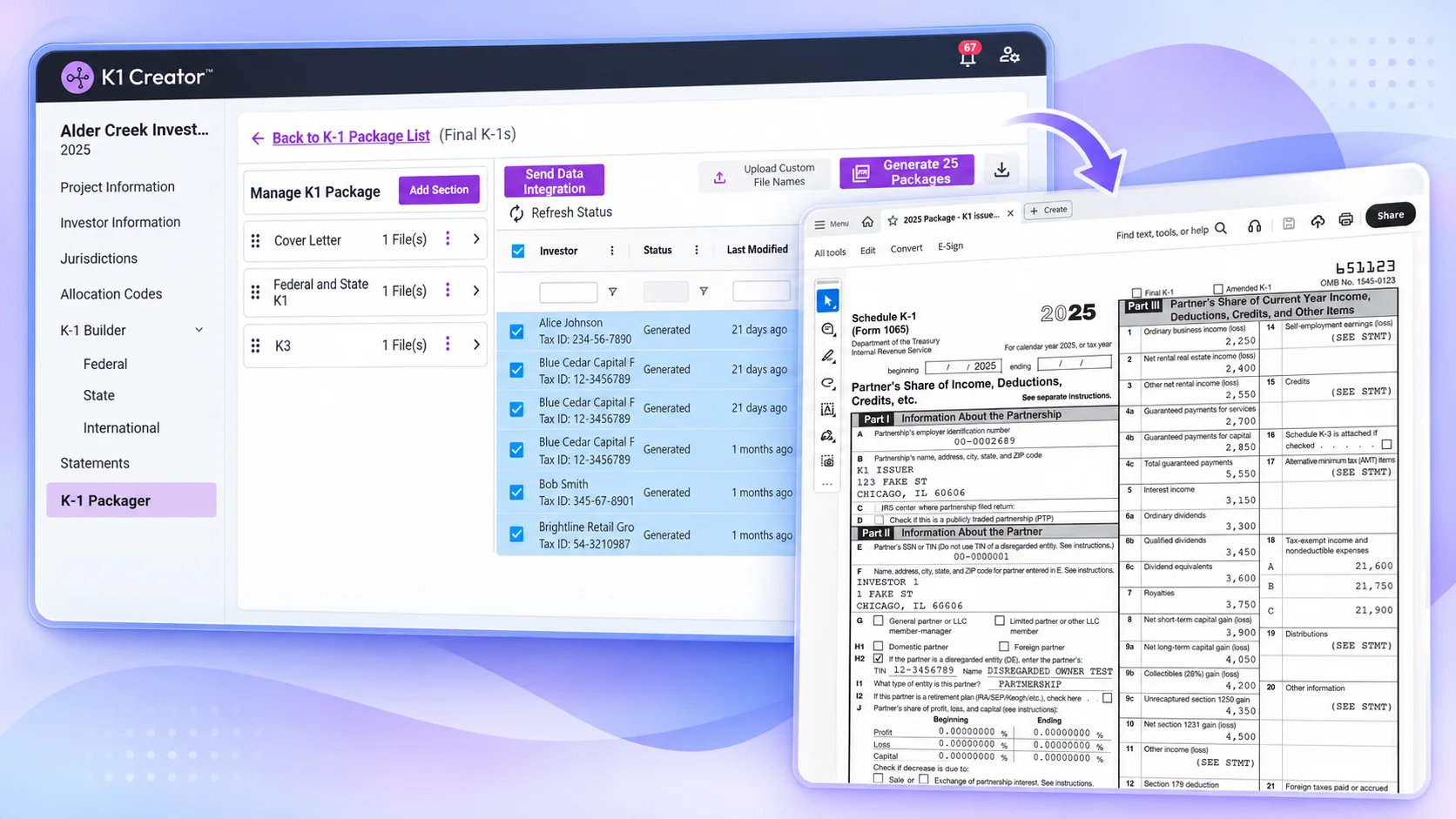 K1 Creator K-1 Packager screen generating investor K-1 packages, with a completed Schedule K-1 (Form 1065) shown alongside